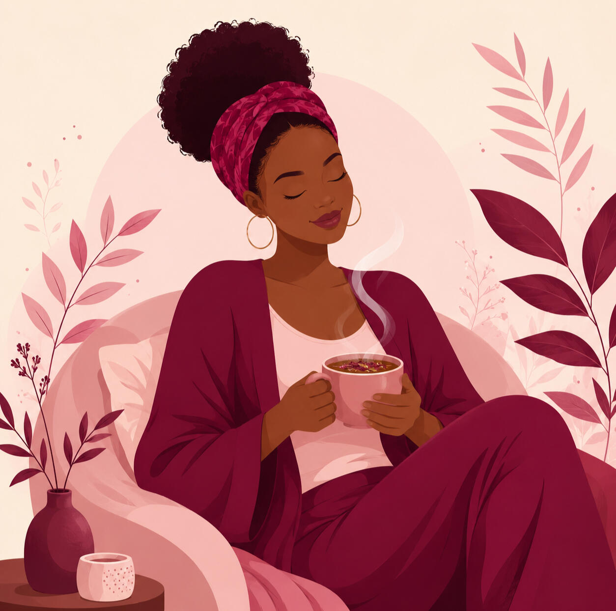 Femme sereine savourant une tisane, illustration bien-être menstruel